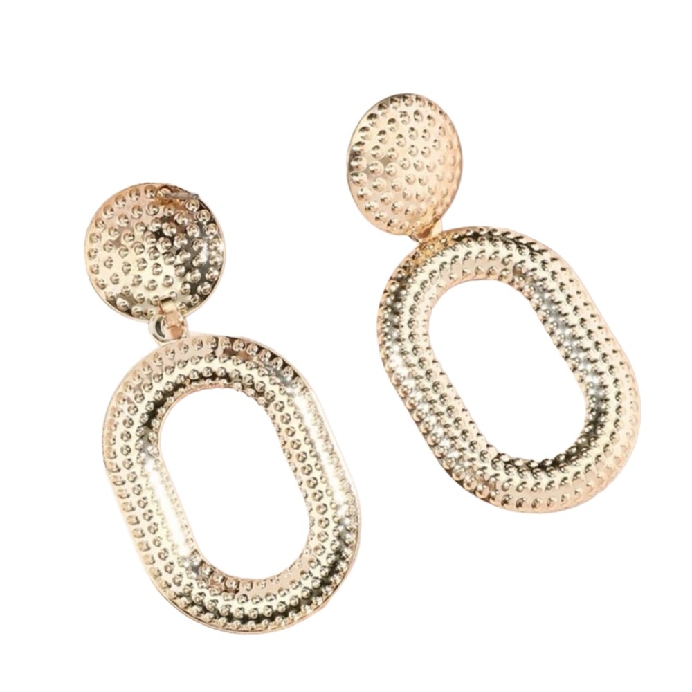 Gold Textured Oval Hoop Drop Earrings